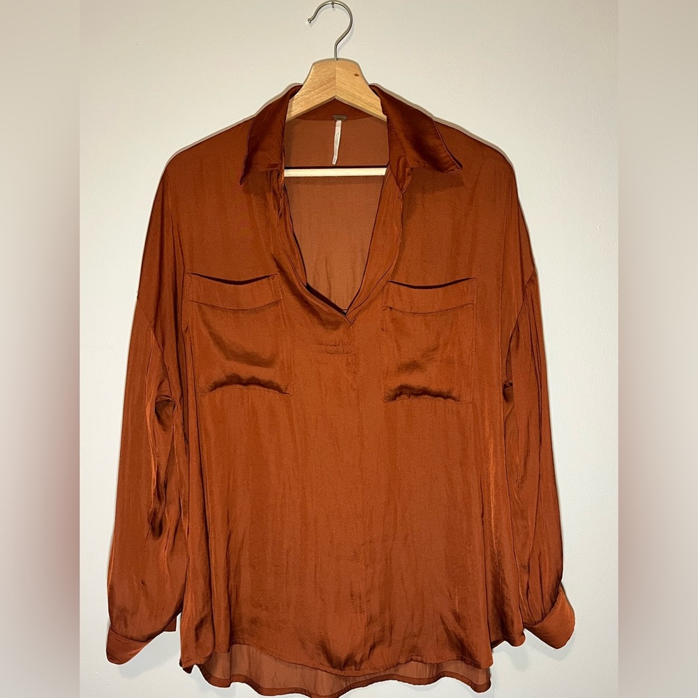 Free People copper v neck dress shirt